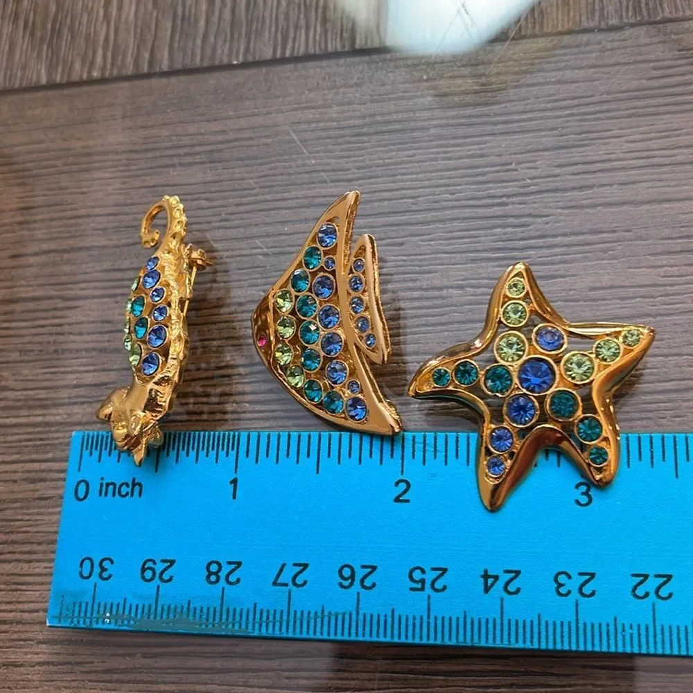 LIA Lianna Stamped 3 Ocean/Sea Themed Gold-tone Brooches w/ Rhinestone Accents